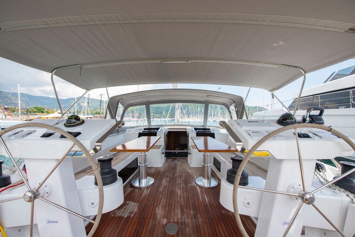 Cockpit of Playa, a Hanse Yachts Hanse 548 sailboat at Fethiye, Turkey