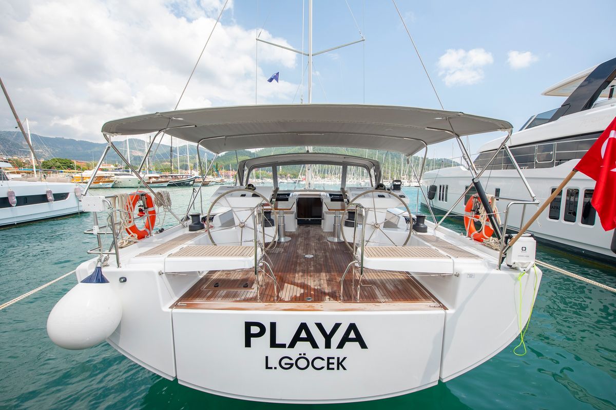 Exterior view of Playa, a Hanse Yachts Hanse 548 sailboat at Fethiye, Turkey