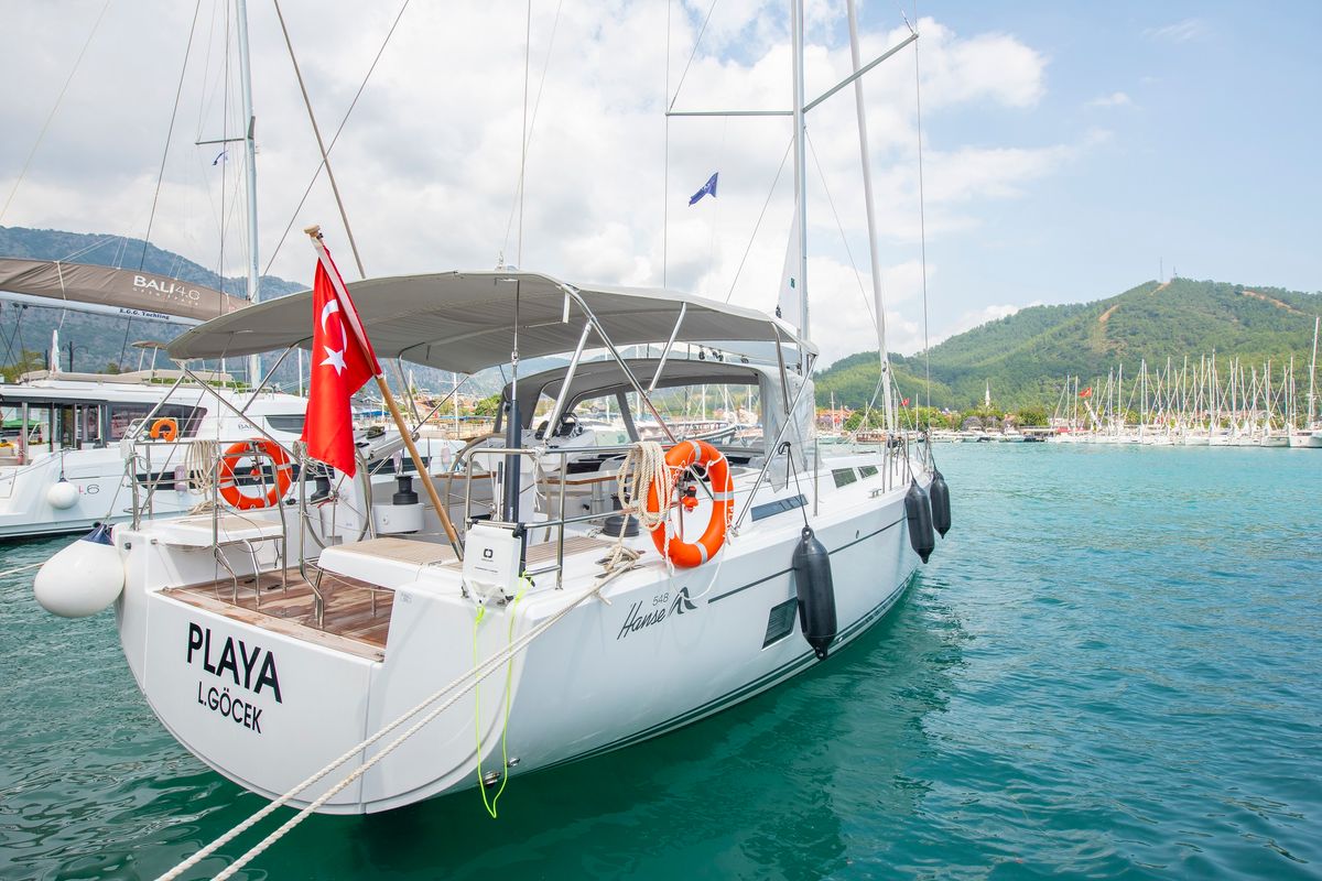 Exterior view of Playa, a Hanse Yachts Hanse 548 sailboat at Fethiye, Turkey