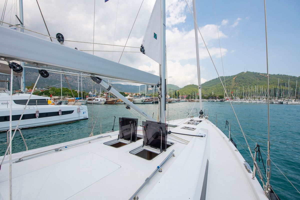 Deck of Playa, a Hanse Yachts Hanse 548 sailboat at Fethiye, Turkey