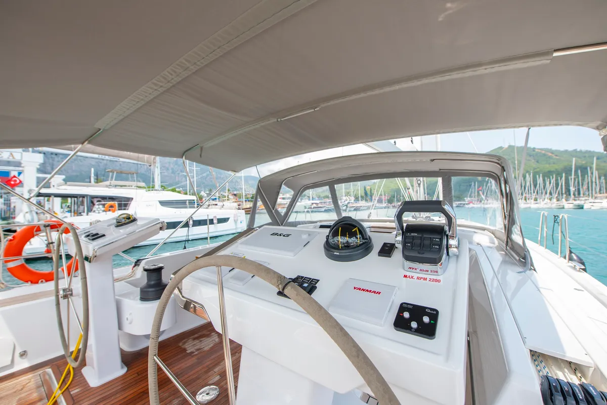 Cockpit of Playa, a Hanse Yachts Hanse 548 sailboat at Fethiye, Turkey