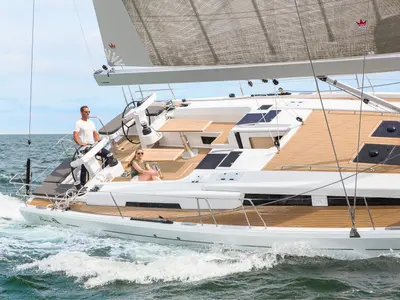 Deck of Playa, a Hanse Yachts Hanse 548 sailboat at Fethiye, Turkey