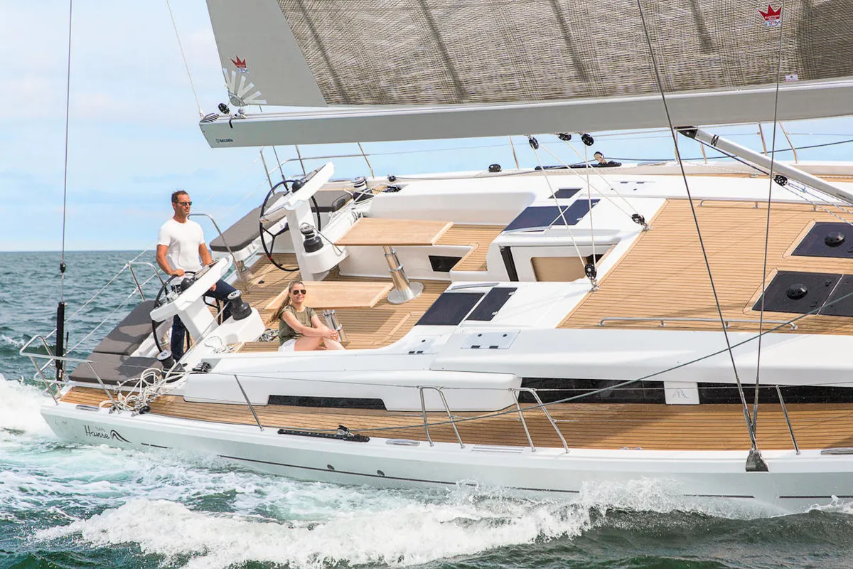 Deck of Playa, a Hanse Yachts Hanse 548 sailboat at Fethiye, Turkey