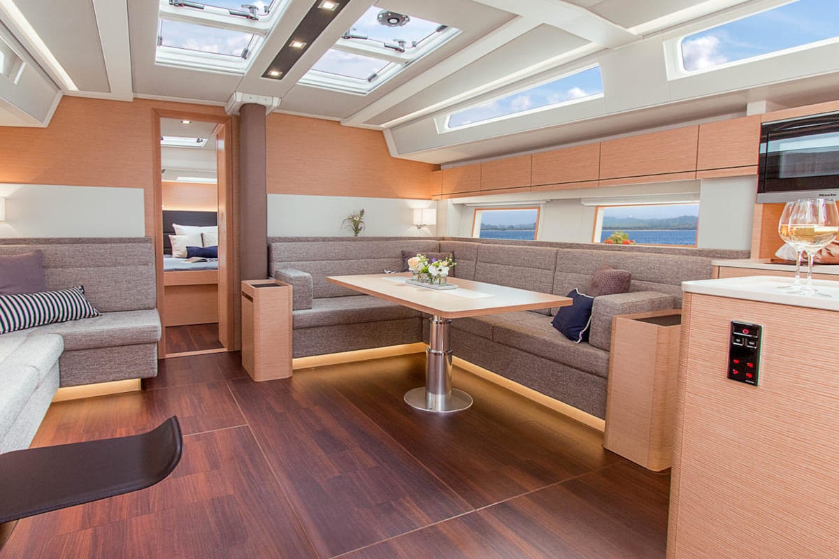 Salon of Playa, a Hanse Yachts Hanse 548 sailboat at Fethiye, Turkey