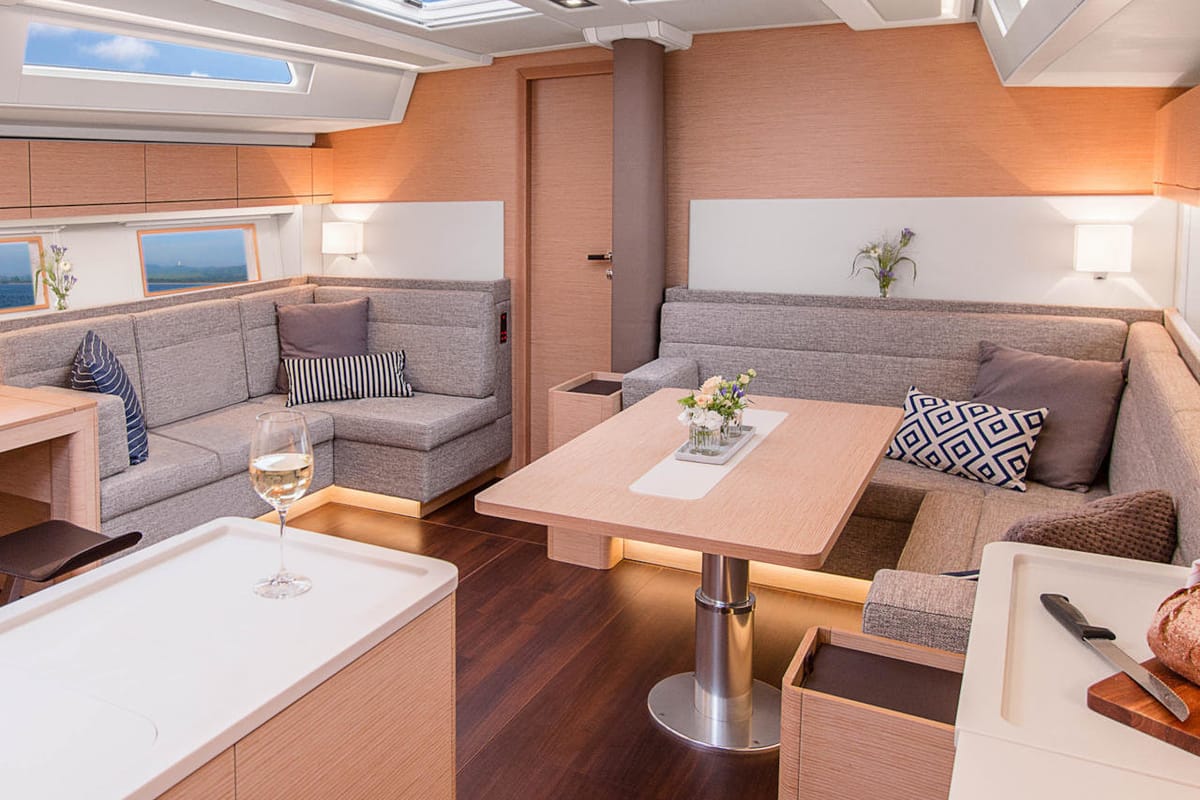 Salon of Playa, a Hanse Yachts Hanse 548 sailboat at Fethiye, Turkey