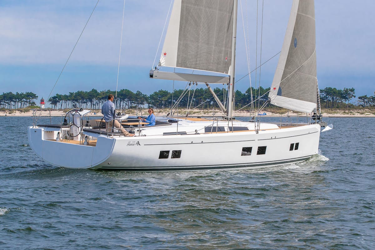 Exterior view of Playa, a Hanse Yachts Hanse 548 sailboat at Fethiye, Turkey