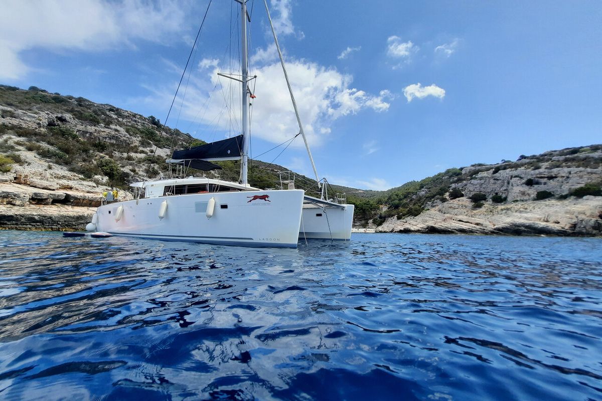 Exterior view of Adriatic Cheetah, a Lagoon 450 F catamaran at Grad Kaštela, Croatia