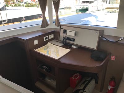 Cockpit of Adriatic Cheetah, a Lagoon 450 F catamaran at Grad Kaštela, Croatia