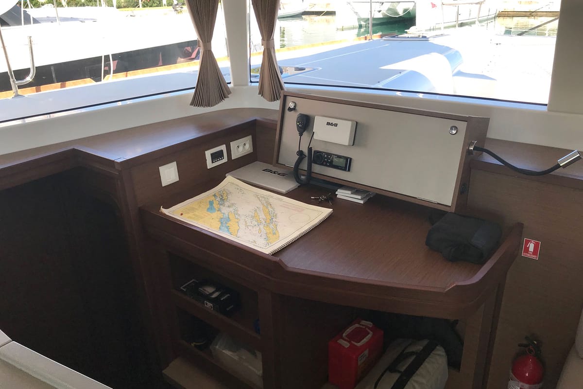 Cockpit of Adriatic Cheetah, a Lagoon 450 F catamaran at Grad Kaštela, Croatia