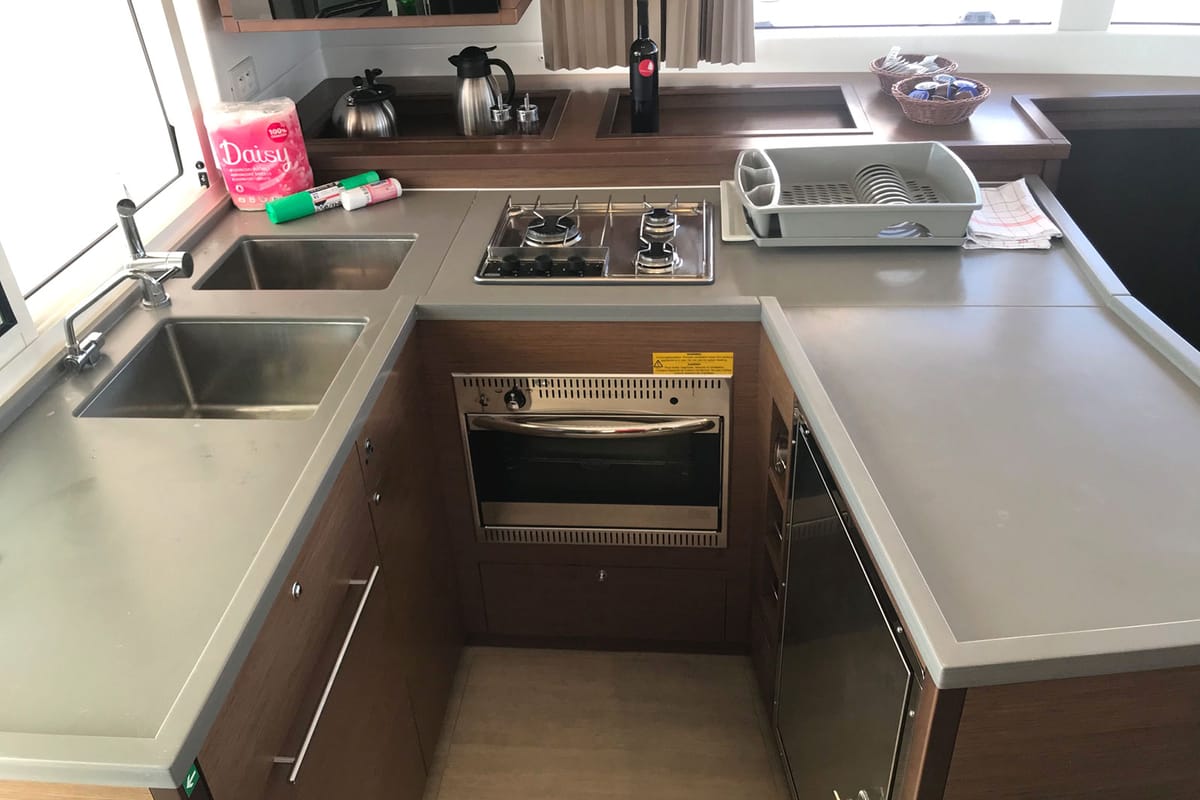 Galley of Adriatic Cheetah, a Lagoon 450 F catamaran at Grad Kaštela, Croatia
