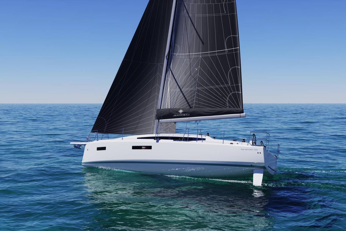 Exterior view of 4 Elli, a Jeanneau Sun Odyssey 380 sailboat at Palma de Mallorca, Spain
