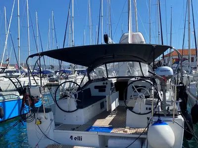 Cockpit of 4 Elli, a Jeanneau Sun Odyssey 380 sailboat at Palma de Mallorca, Spain
