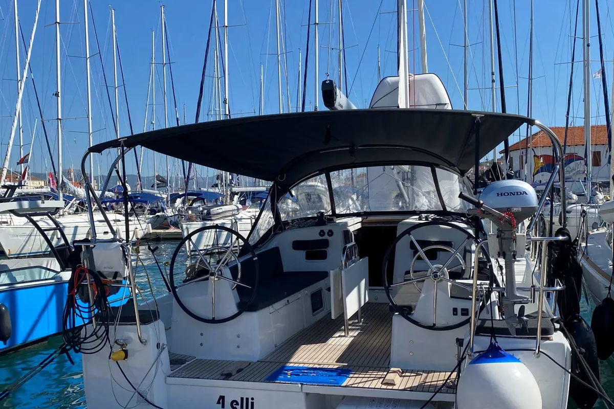 Cockpit of 4 Elli, a Jeanneau Sun Odyssey 380 sailboat at Palma de Mallorca, Spain