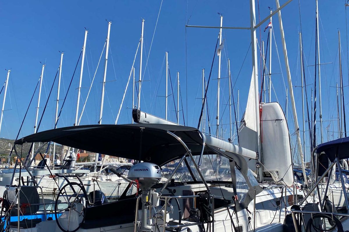 Cockpit of 4 Elli, a Jeanneau Sun Odyssey 380 sailboat at Palma de Mallorca, Spain