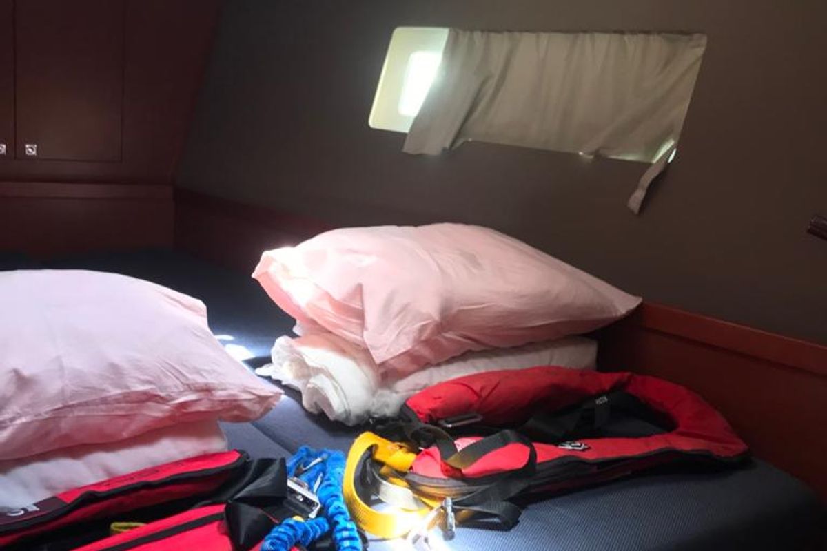 Cabin on Alboran Gin Fizz, a Beneteau Oceanis 45 sailboat at es Jonquet, Spain