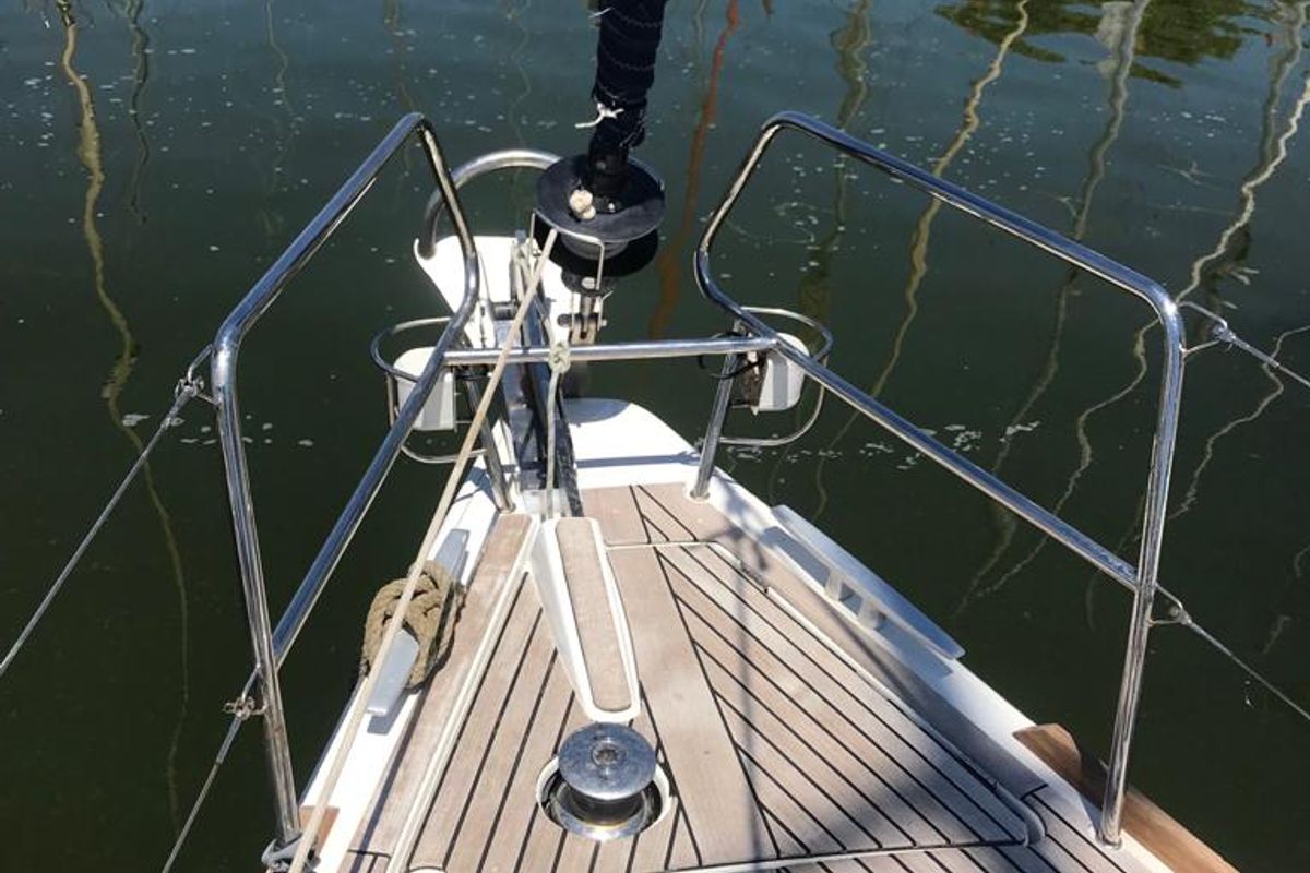 Deck of Alboran Gin Fizz, a Beneteau Oceanis 45 sailboat at es Jonquet, Spain