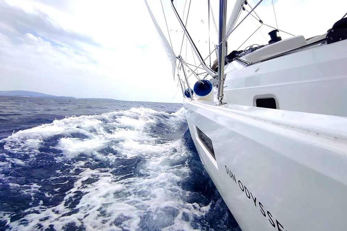 Exterior view of Evelyne, a Jeanneau Sun Odyssey 410 sailboat at Pirovac, Croatia