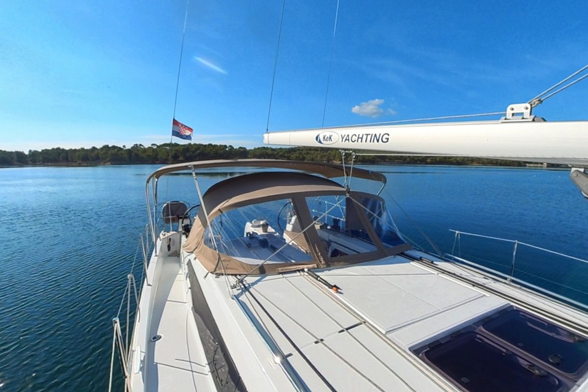Deck of Evelyne, a Jeanneau Sun Odyssey 410 sailboat at Pirovac, Croatia
