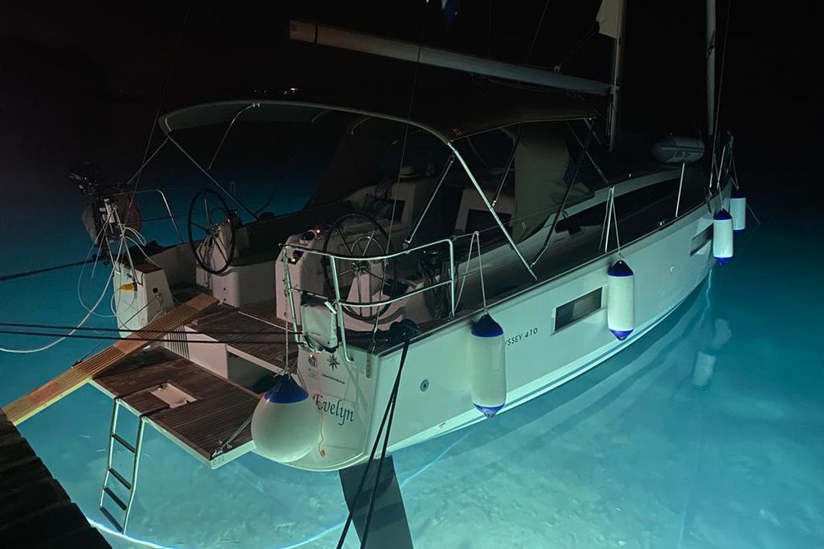 Exterior view of Evelyne, a Jeanneau Sun Odyssey 410 sailboat at Pirovac, Croatia