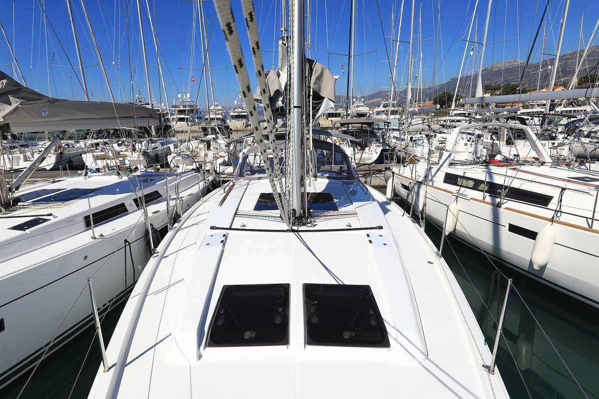 Exterior view of Whatever, a Hanse Yachts Hanse 458 sailboat at Grad Kaštela, Croatia