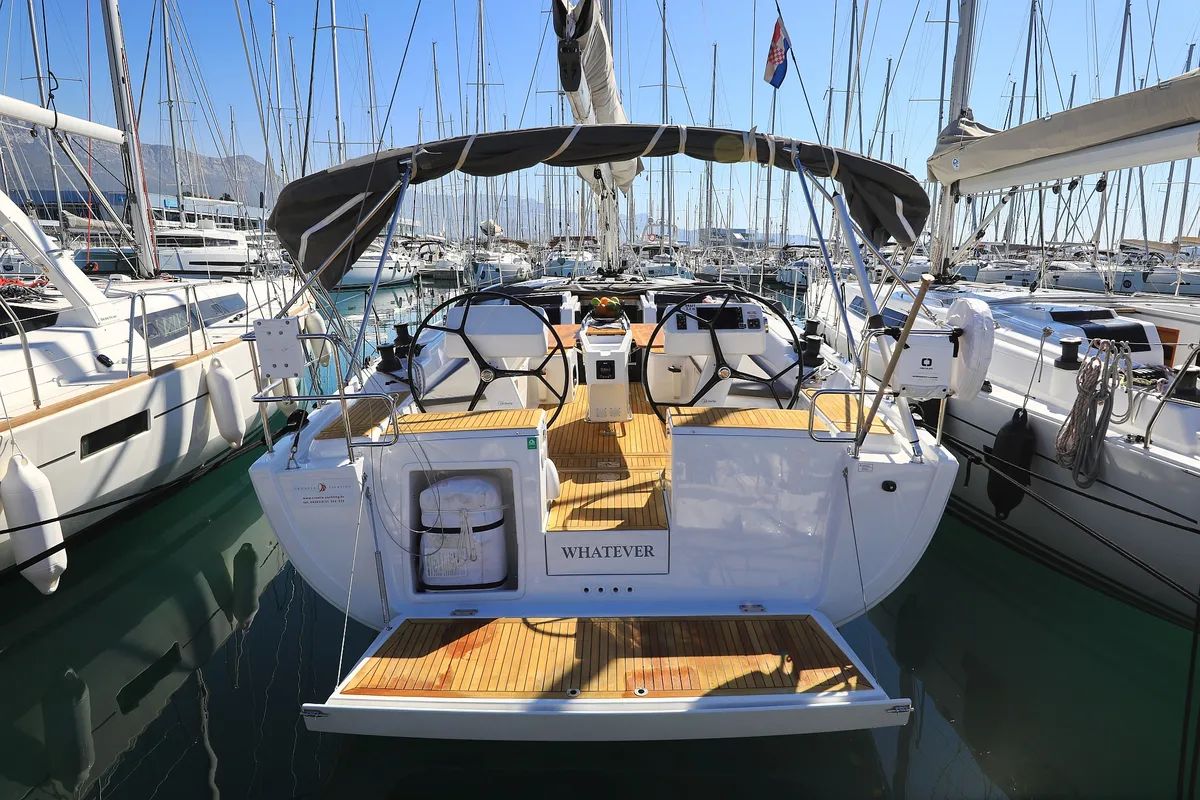 Exterior view of Whatever, a Hanse Yachts Hanse 458 sailboat at Grad Kaštela, Croatia