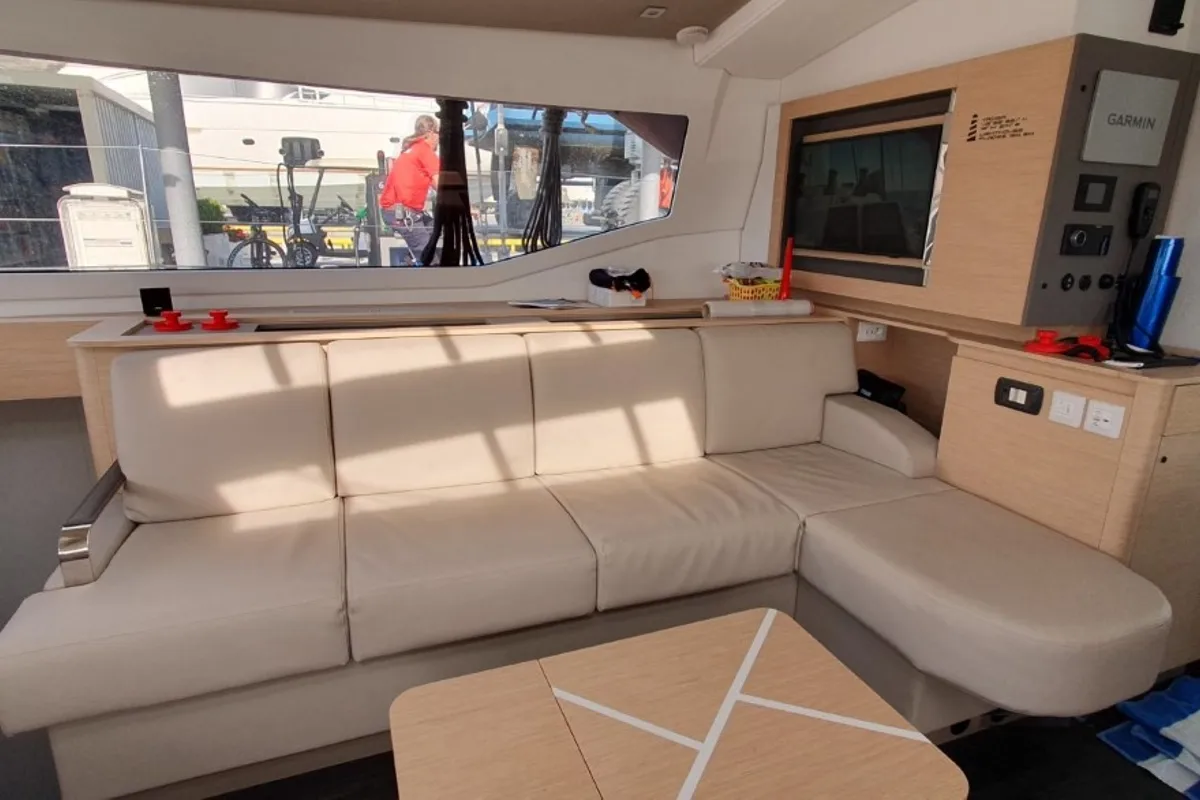 Salon of Princess, a Fountaine Pajot Aura 51 catamaran at Seget Donji, Croatia