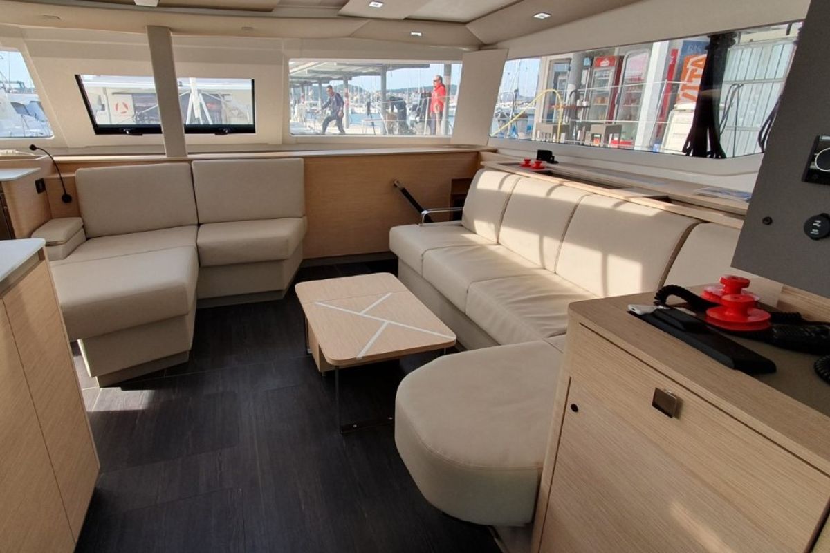 Salon of Princess, a Fountaine Pajot Aura 51 catamaran at Seget Donji, Croatia