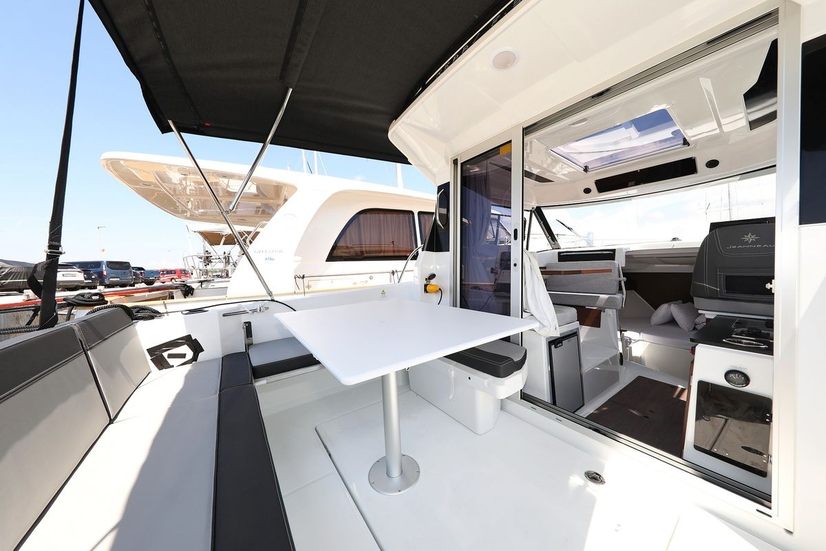 Deck of Frida, a Jeanneau Merry Fisher 795 motorboat at Grad Biograd na Moru, Croatia