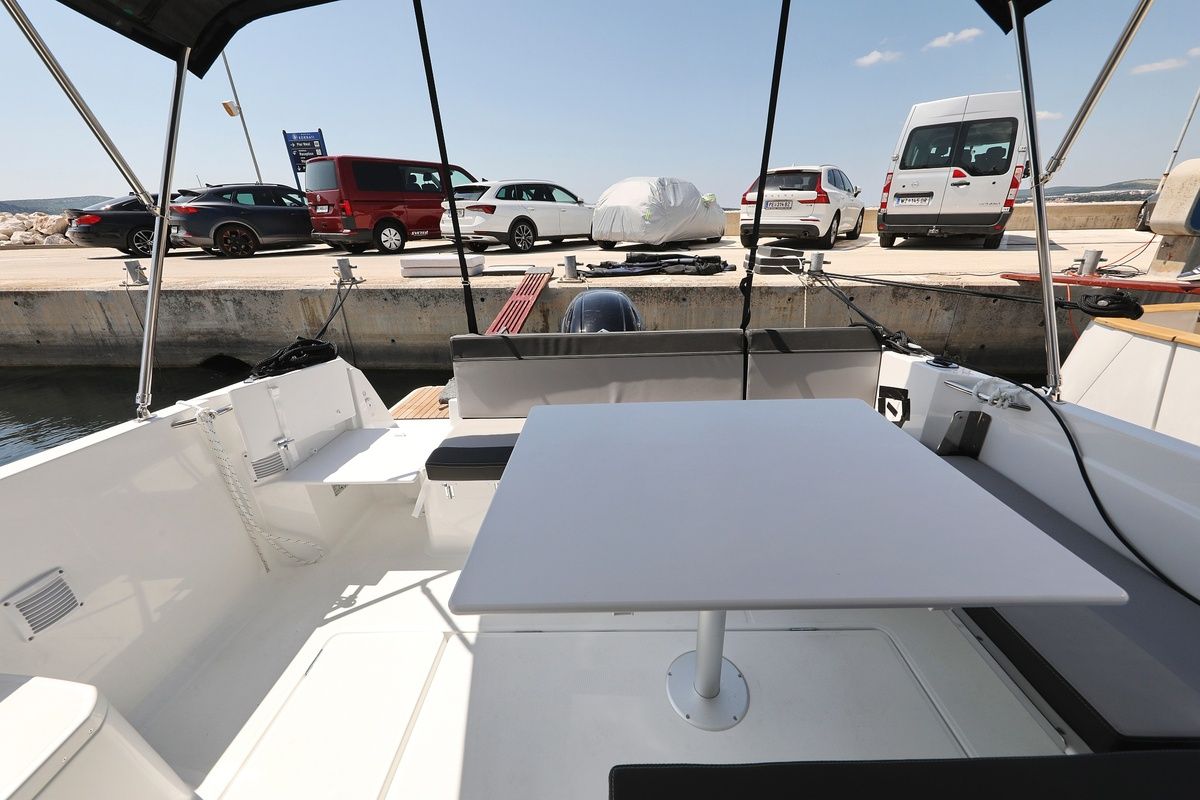 Deck of Frida, a Jeanneau Merry Fisher 795 motorboat at Grad Biograd na Moru, Croatia