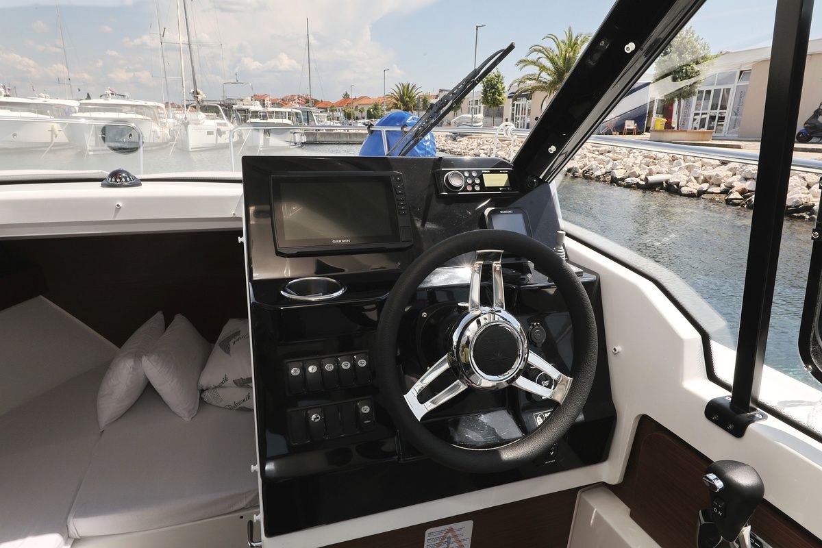 Cockpit of Frida, a Jeanneau Merry Fisher 795 motorboat at Grad Biograd na Moru, Croatia