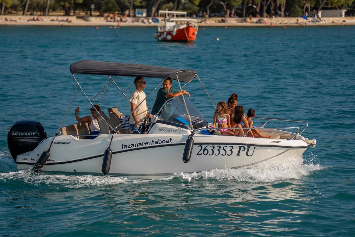 Exterior view of Quicksilver, a Quicksilver 605 Sundeck motorboat at Valbandon, Croatia