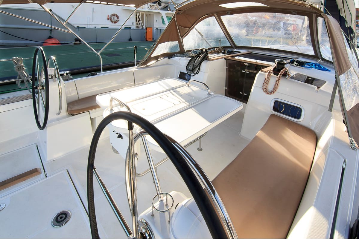 Cockpit of Te Fiti, a Jeanneau Sun Odyssey 519 sailboat at es Jonquet, Spain