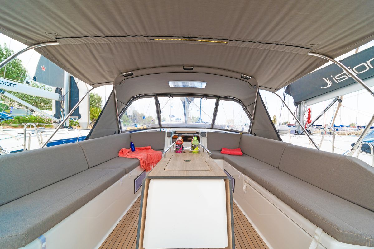 Cockpit of Dimpa, a Dufour 530 sailboat at Athens, Greece