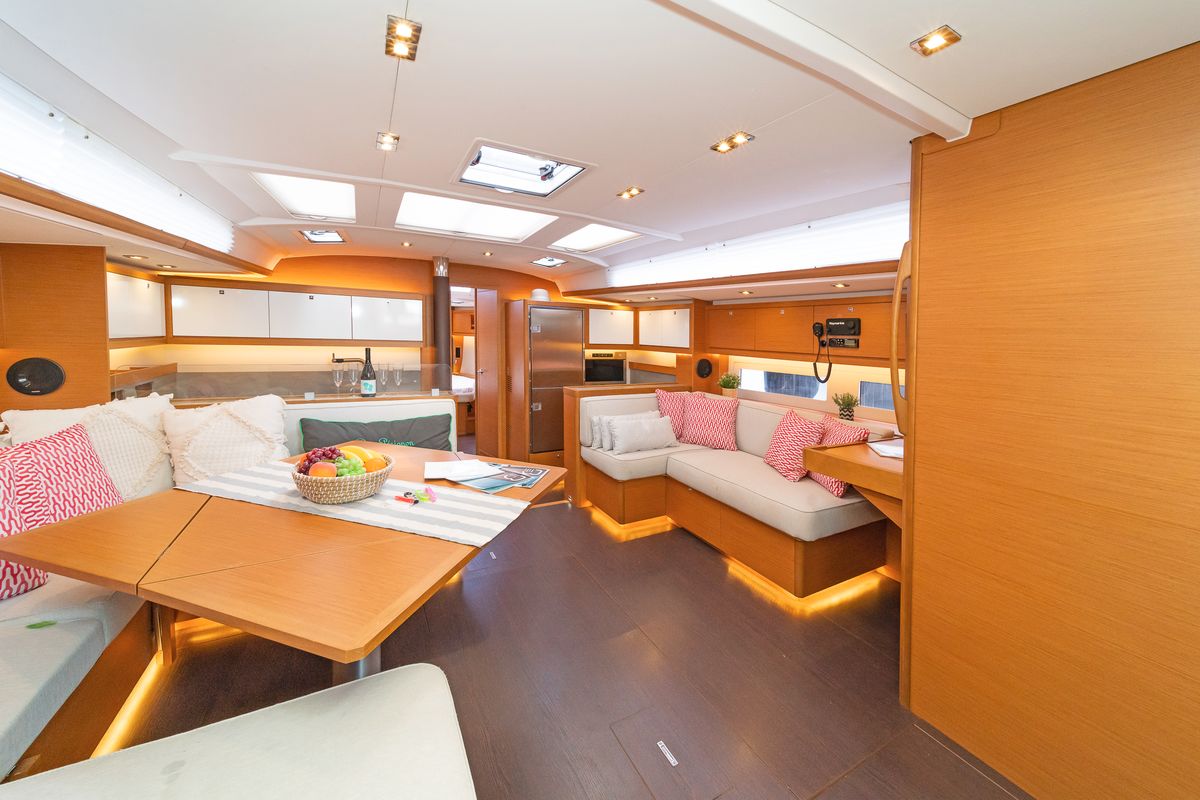 Salon of Dimpa, a Dufour 530 sailboat at Athens, Greece