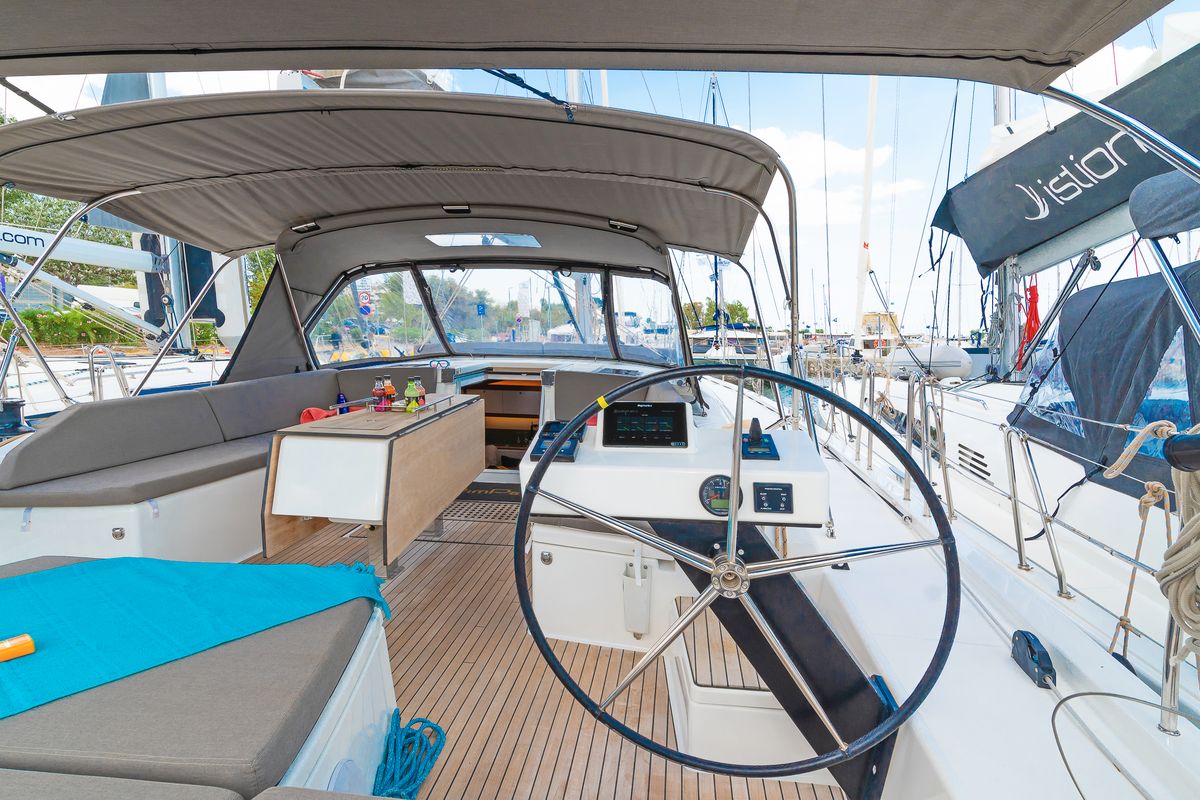 Cockpit of Dimpa, a Dufour 530 sailboat at Athens, Greece