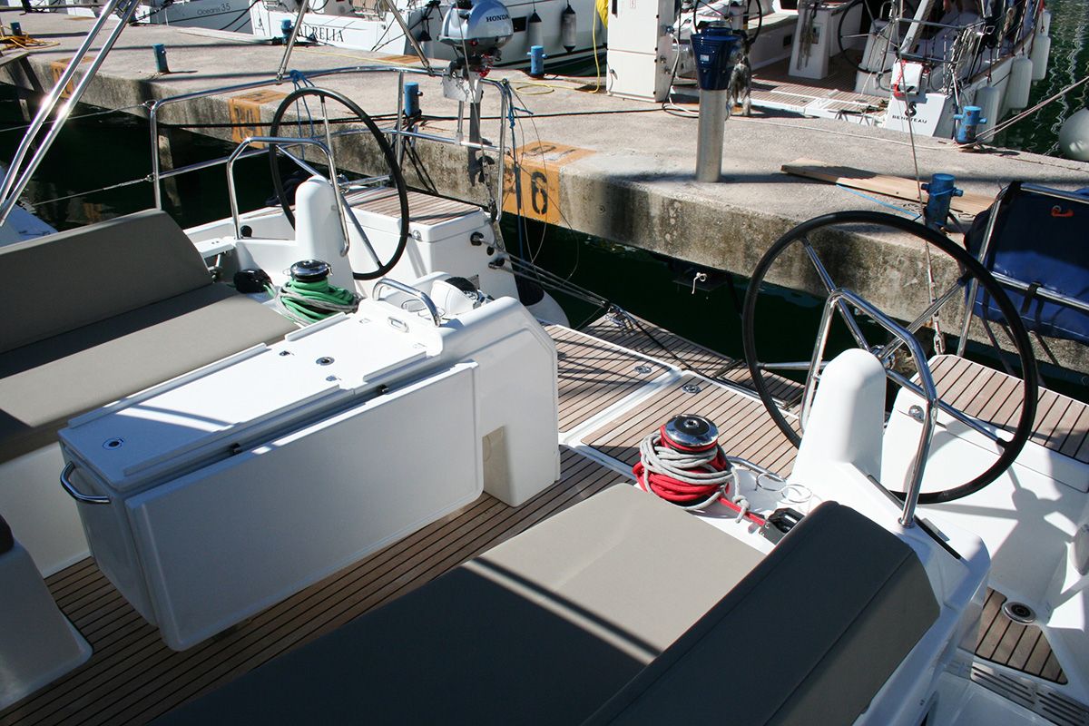 Cockpit of Modesty, a Jeanneau Sun Odyssey 440 sailboat at Dubrovnik, Croatia