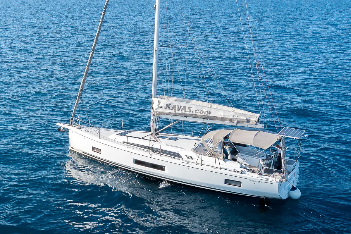 Exterior view of Kos 46.7, a Beneteau Oceanis 46.1 sailboat at Kos, Greece