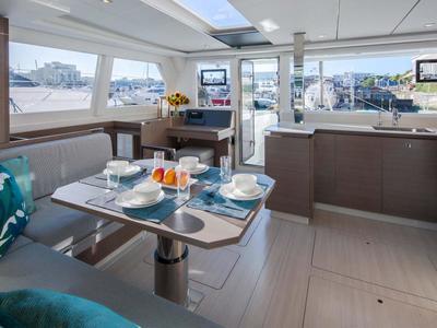 Salon of Moorings 4200/4 Club, a Leopard 42 catamaran at Cannigione, Italy