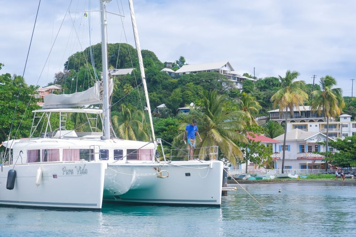 Exterior view of Pura Vida, a Lagoon 450 catamaran at Ribishi, Saint Vincent and the Grenadines