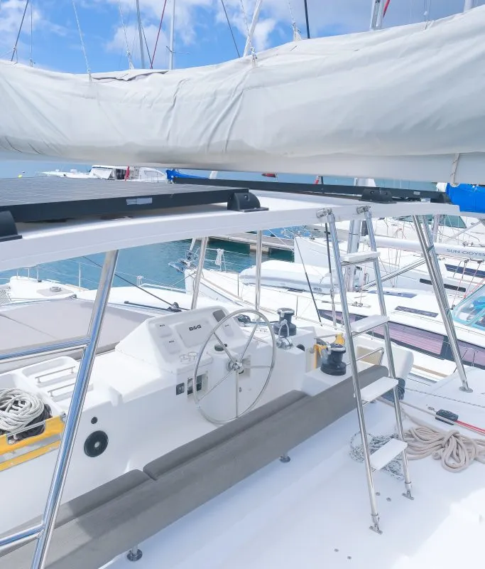 Cockpit of Pura Vida, a Lagoon 450 catamaran at Ribishi, Saint Vincent and the Grenadines