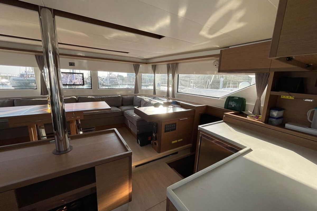 Salon of Pura Vida, a Lagoon 450 catamaran at Ribishi, Saint Vincent and the Grenadines