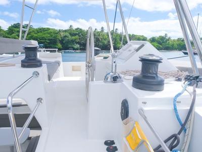 Cockpit of Pura Vida, a Lagoon 450 catamaran at Ribishi, Saint Vincent and the Grenadines