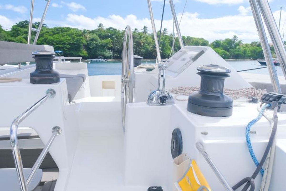 Cockpit of Pura Vida, a Lagoon 450 catamaran at Ribishi, Saint Vincent and the Grenadines