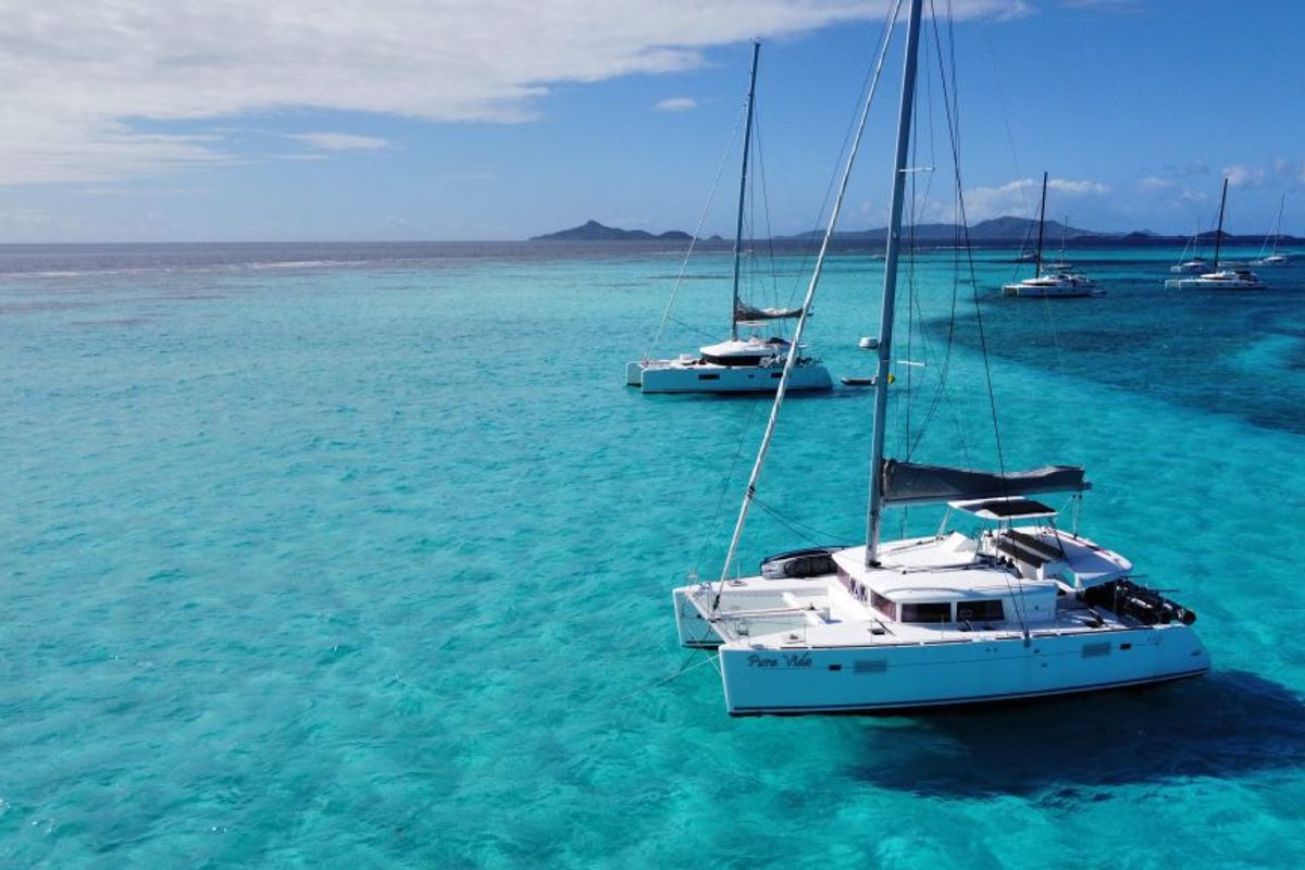 Exterior view of Pura Vida, a Lagoon 450 catamaran at Ribishi, Saint Vincent and the Grenadines