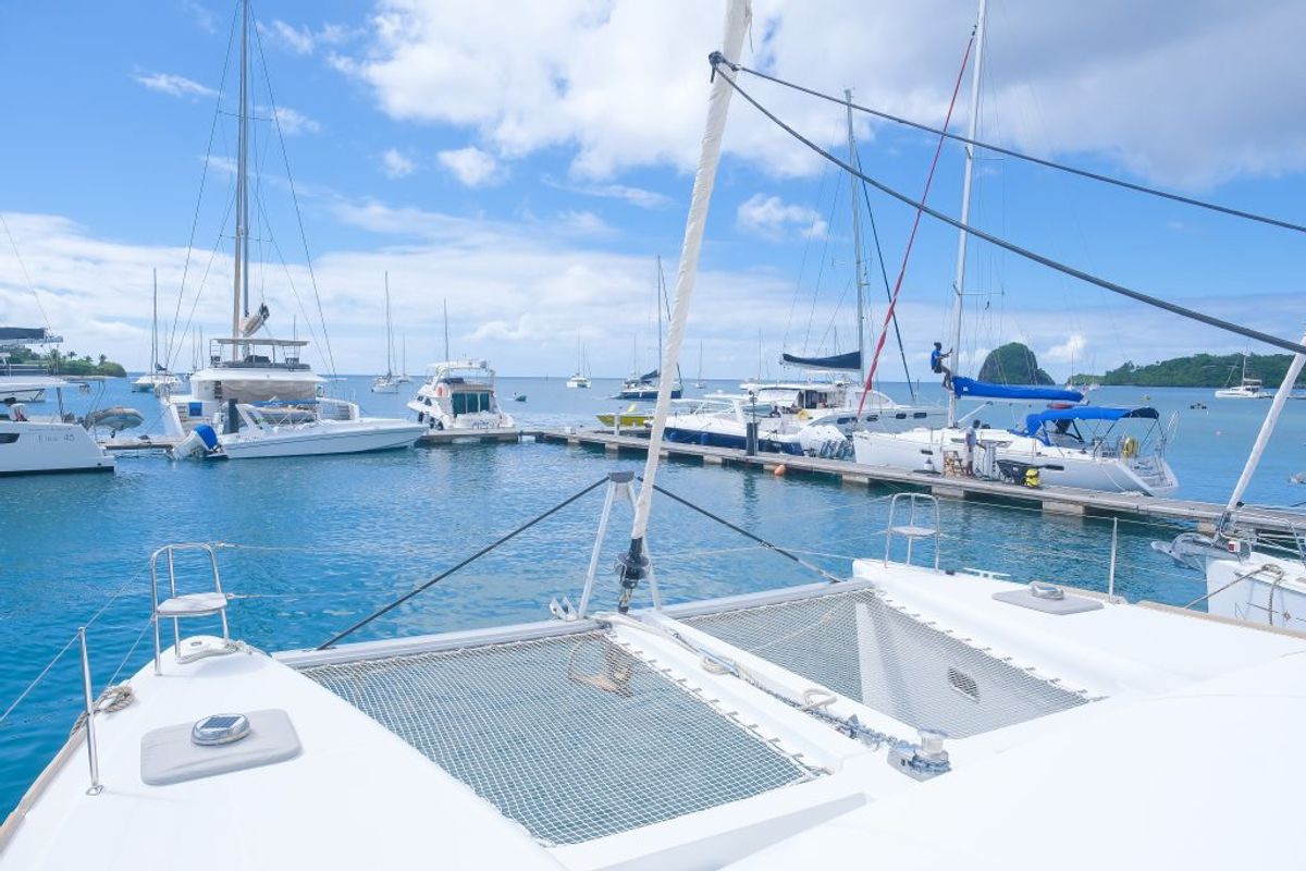 Deck of Pura Vida, a Lagoon 450 catamaran at Ribishi, Saint Vincent and the Grenadines