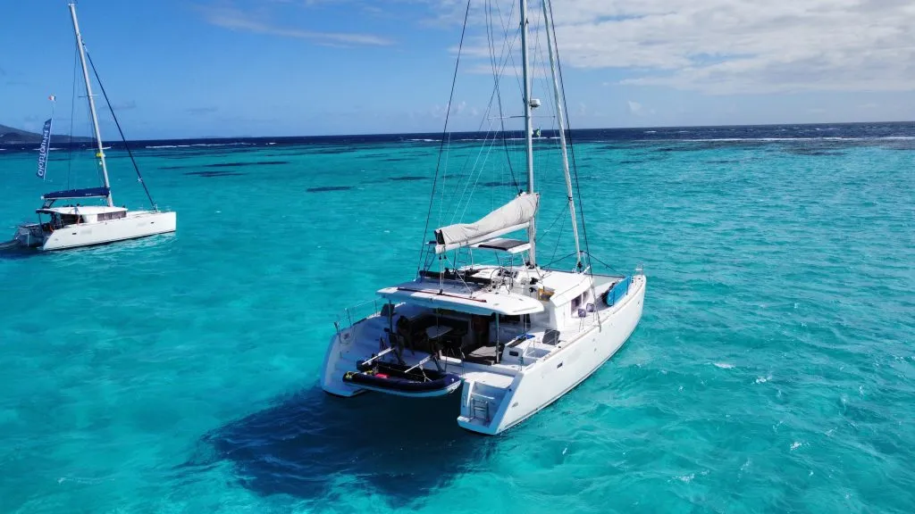 Exterior view of Pura Vida, a Lagoon 450 catamaran at Ribishi, Saint Vincent and the Grenadines