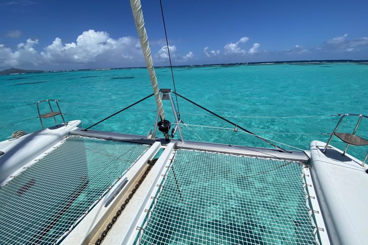 Deck of Pura Vida, a Lagoon 450 catamaran at Ribishi, Saint Vincent and the Grenadines