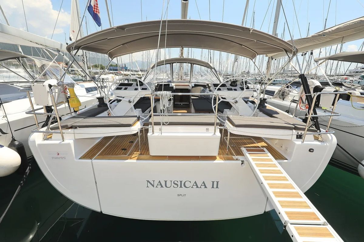 Exterior view of Nausicaa II, a Hanse Yachts Hanse 588 sailboat at Salerno, Italy