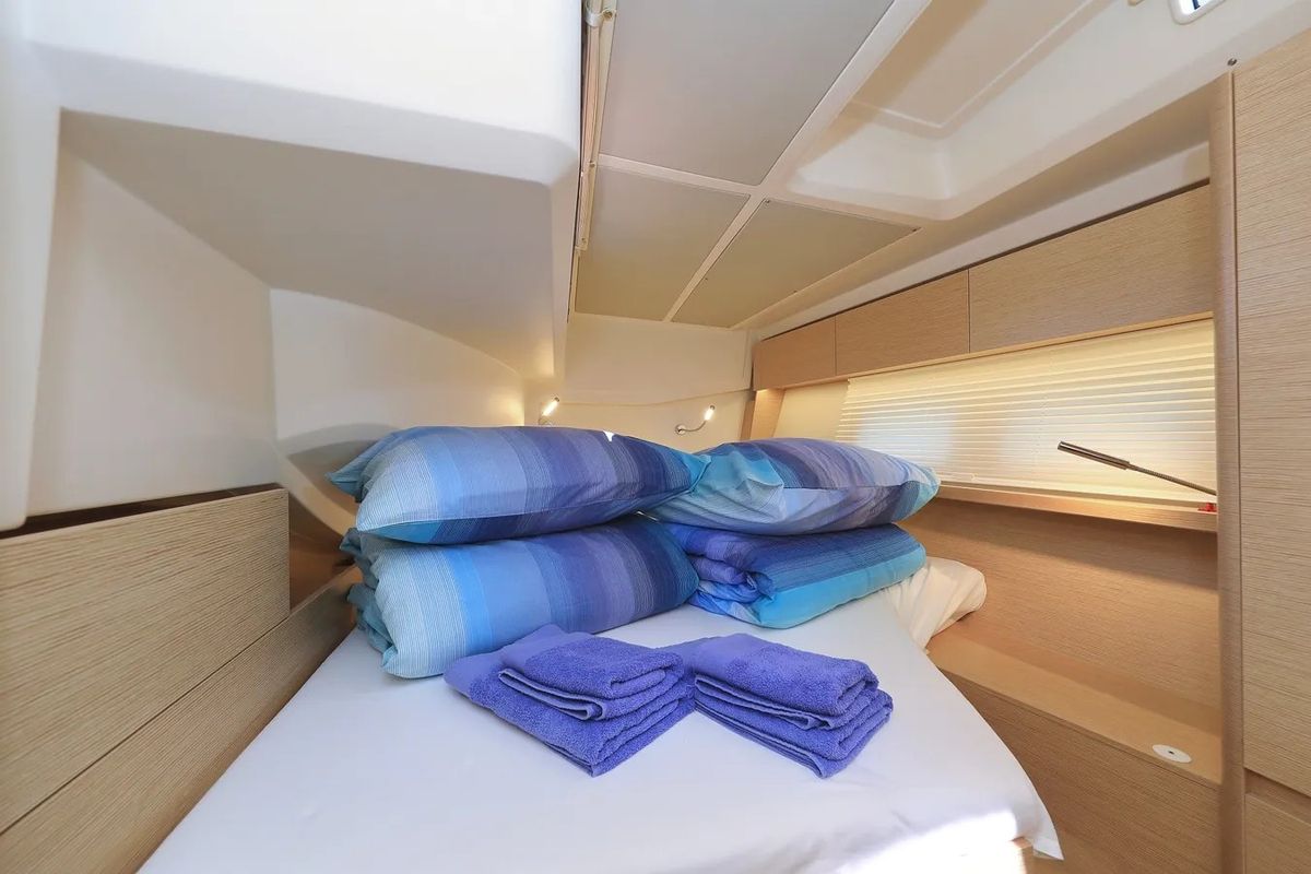 Cabin on Nausicaa II, a Hanse Yachts Hanse 588 sailboat at Salerno, Italy