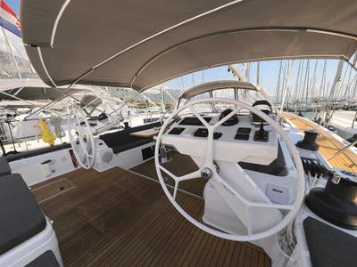 Cockpit of Nausicaa II, a Hanse Yachts Hanse 588 sailboat at Salerno, Italy